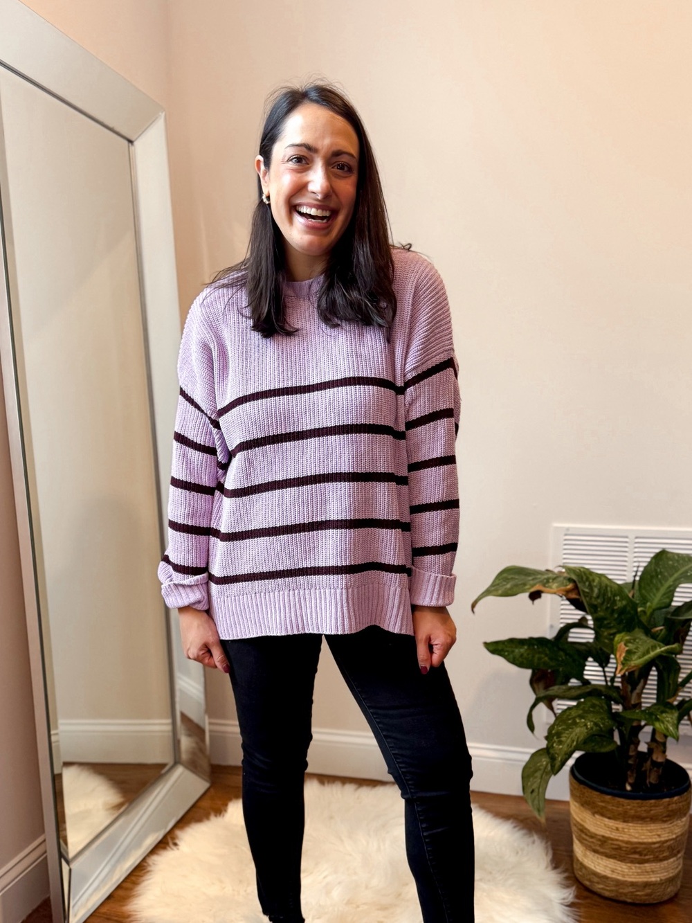 Time and Tru Lilac Crewneck Sweater with Dark Stripe